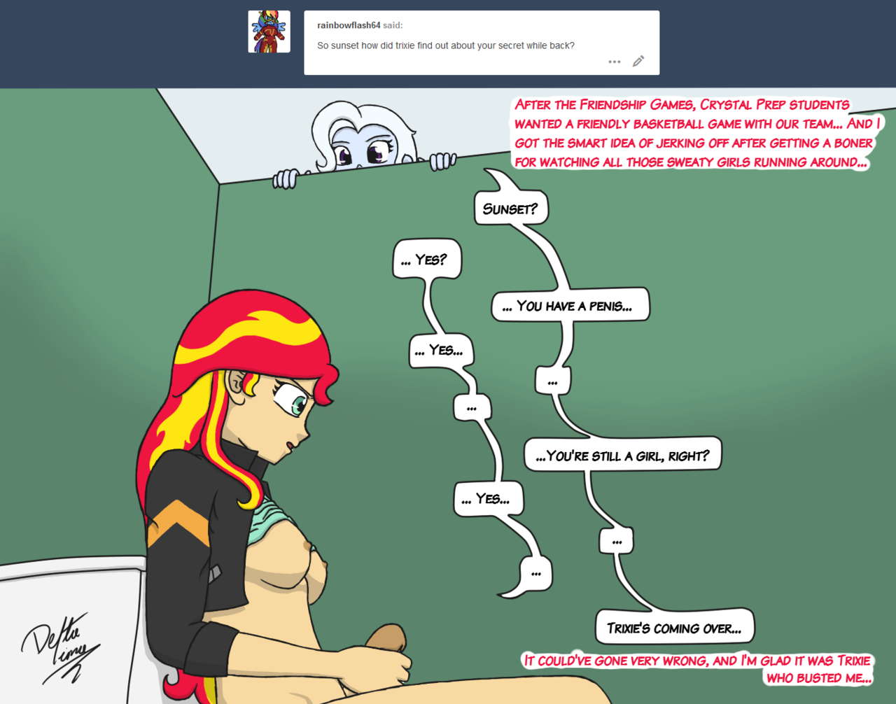 1411698 - explicit, artist:deltalima, sunset shimmer, trixie, equestria  girls, g4, bottomless, breasts, caught, clothes, dialogue, futa, futa  sunset shimmer, imminent sex, intersex, masturbation, nipples, nudity,  partial nudity, peeking, penis - Derpibooru
