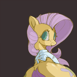 Size: 3000x3000 | Tagged: safe, artist:modak, fluttershy, pegasus, pony, g4, clothes, female, folded wings, high res, looking at you, looking back, mare, rear view, simple background, smiling, solo, tongue out