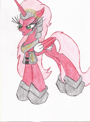 Size: 1624x2200 | Tagged: safe, artist:wyren367, oc, oc only, oc:rossa, alicorn, pony, alicorn oc, armor, colored pencil drawing, simple background, traditional art, unamused, white background