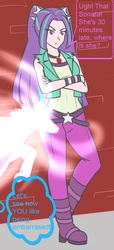 Size: 401x879 | Tagged: safe, artist:jonfawkes, artist:jrain9110, part of a set, aria blaze, equestria girls, g4, boots, dialogue, high heel boots, human coloration, human to pony, imminent transformation, implied trixie, jewelry, magic, offscreen character, part of a series, pendant, raised leg, revenge, solo, speech bubble, thought bubble, transformation, transformation sequence, waiting