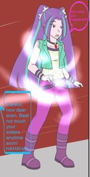 Size: 650x1274 | Tagged: safe, artist:jonfawkes, artist:jrain9110, part of a set, aria blaze, equestria girls, g4, boots, dialogue, high heel boots, human coloration, human to pony, imminent transformation, implied trixie, jewelry, magic, offscreen character, part of a series, pendant, revenge, solo, speech bubble, startled, transformation, transformation sequence