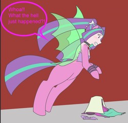 Size: 1280x1226 | Tagged: safe, artist:jonfawkes, artist:jrain9110, part of a set, aria blaze, bat pony, equestria girls, g4, bra, clothes, dialogue, dock, falling, fin wings, gritted teeth, hooves, human coloration, human to pony, jewelry, part of a series, pendant, solo, speech bubble, torn clothes, transformation, transformation sequence, transparent wings, underwear, wing growth, wings
