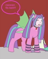 Size: 1026x1274 | Tagged: safe, artist:jonfawkes, artist:jrain9110, part of a set, aria blaze, bat pony, pony, equestria girls, g4, clothes, dialogue, equestria girls ponified, eyes closed, human coloration, human to pony, jewelry, mid-transformation, open mouth, pain, part of a series, pendant, ponified, quadrupedal, solo, speech bubble, teary eyes, torn clothes, transformation, transformation sequence, transparent wings