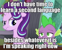 Size: 1254x1011 | Tagged: safe, edit, edited screencap, screencap, spike, starlight glimmer, dragon, g4, the crystalling, a series of unfortunate events, annoyed, discovery family logo, image macro, meme