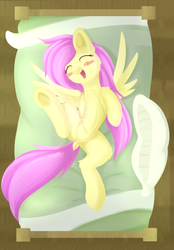 Size: 1249x1795 | Tagged: safe, artist:dusthiel, fluttershy, pony, g4, bed, blushing, cute, dock, eyes closed, featureless crotch, female, on back, open mouth, pillow, shyabetes, smiling, solo, spread wings, underhoof, wings