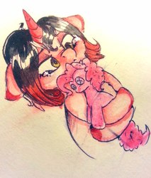 Size: 865x1014 | Tagged: safe, artist:vincher, pinkie pie, oc, oc:vincher, g4, crying, hug, plushie, traditional art