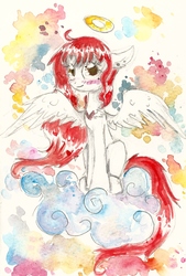 Size: 1160x1715 | Tagged: safe, artist:smartmeggie, oc, oc only, oc:aislin, pegasus, pony, cloud, halo, solo, traditional art, watercolor painting