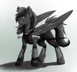 Size: 1024x953 | Tagged: safe, artist:alexispaint, oc, oc only, oc:shadow, pegasus, pony, blue eyes, clothes, knee pads, male, simple background, smiling, solo, sword, weapon, wings