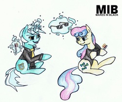 Size: 1500x1258 | Tagged: safe, artist:deltalix, bon bon, lyra heartstrings, sweetie drops, earth pony, pony, unicorn, g4, clothes, crossover, duo, magic, men in black, necktie, neuralizer, shirt, simple background, sunglasses, telekinesis, traditional art