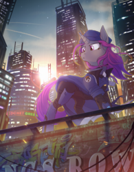 Size: 879x1125 | Tagged: safe, artist:redchetgreen, pony, unicorn, ana amari, city, clothes, costume, crossover, female, graffiti, hat, looking down, mare, overwatch, ponified, scenery, serious, serious face, skyscraper, sunlight
