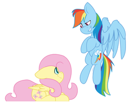 Size: 2112x1712 | Tagged: safe, artist:eivilpotter, fluttershy, rainbow dash, g4, duo, floating, kinetic contrast, looking at each other, prone, simple background, smiling, spread wings, white background, wings