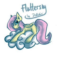 Size: 1000x1000 | Tagged: safe, artist:deltalix, fluttershy, g4, cloud, female, folded wings, looking at you, looking sideways, missing cutie mark, name, profile, prone, simple background, smiling, solo, white background
