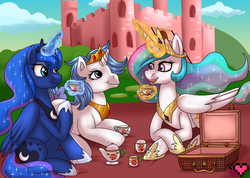 Size: 3850x2741 | Tagged: safe, artist:ladypixelheart, majesty, princess celestia, princess luna, alicorn, pony, unicorn, g1, g4, castle, crossover, dream castle, female, g1 to g4, generation leap, happy, high res, princess ponies, square crossover, tea party, teacups