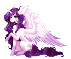 Size: 2033x1693 | Tagged: safe, artist:nightstarss, oc, oc only, oc:chrysalis galaxy, alicorn, pony, alicorn oc, chest fluff, coat markings, collar, female, mare, one eye closed, raised hoof, simple background, sitting, socks (coat markings), solo, spiked collar, spread wings, transparent background, wing fluff, wings