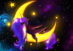 Size: 1024x724 | Tagged: safe, artist:crystalleye, princess luna, alicorn, classical unicorn, pony, g4, color porn, female, floppy ears, galaxy, horn, leonine tail, moon, prone, solo, space, stars, tangible heavenly object, unshorn fetlocks