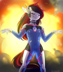 Size: 1500x1700 | Tagged: safe, artist:silbersternenlicht, oc, oc only, anthro, anthro oc, clothes, costume, crossover, d.va, explosion, eyes closed, female, overwatch, smiling, solo
