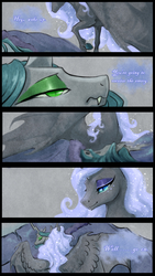 Size: 1240x2191 | Tagged: safe, artist:begasus, nightmare moon, queen chrysalis, alicorn, changeling, changeling queen, pony, g4, bed, colored hooves, comic, dialogue, ethereal mane, female, lesbian, mare, realistic horse legs, ship:chrysmoon, shipping, smiling, starry mane, waking up, wing claws