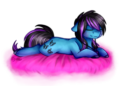 Size: 3400x2360 | Tagged: safe, artist:jazzerix, oc, oc only, oc:despy, earth pony, pony, eyes closed, female, gift art, high res, mare, prone, relaxing, simple background, smiling, transparent background