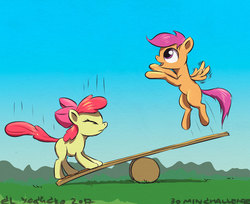 Size: 1098x896 | Tagged: safe, artist:el-yeguero, apple bloom, scootaloo, g4, 30 minute art challenge, cute, playing, seesaw, simple background