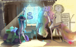 Size: 2682x1641 | Tagged: safe, artist:alumx, princess celestia, queen chrysalis, alicorn, changeling, changeling queen, pony, g4, bed, clock, duo, female, mare, morning ponies, roommates, unamused, waking up