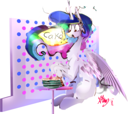 Size: 1825x1623 | Tagged: safe, artist:alumx, princess celestia, alicorn, pony, g4, cake, cakelestia, dialogue, female, food, happy, open mouth, smiling, solo