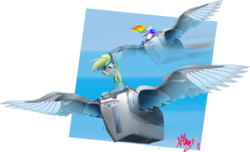 Size: 1922x1168 | Tagged: safe, artist:alumx, derpy hooves, rainbow dash, pegasus, pony, g4, after dark, duo, flying, large wings, lol, smiling, spread wings, toaster, wat, wings