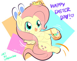 Size: 1024x819 | Tagged: safe, artist:kumikoponylk, fluttershy, pegasus, pony, g4, basket, blushing, bunny ears, chibi, cute, deviantart watermark, easter, easter basket, easter egg, female, happy, obtrusive watermark, shyabetes, solo, watermark