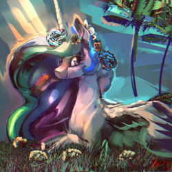 Size: 2000x2000 | Tagged: safe, artist:alumx, princess celestia, alicorn, pony, g4, chromatic aberration, female, flower, flower in hair, grass, high res, mare, missing accessory, prone, smiling, solo, tree