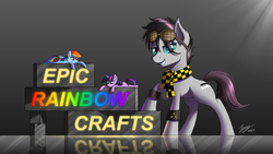 Size: 2500x1407 | Tagged: safe, artist:duskie-06, rainbow dash, twilight sparkle, oc, earth pony, pony, g4, clothes, gift art, glasses, grin, looking at you, male, plushie, reflection, scarf, signature, smiling, stallion, sunlight, text