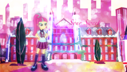 Size: 1920x1080 | Tagged: safe, artist:robocheatsy, sour sweet, equestria girls, g4, my little pony equestria girls: friendship games, bowtie, clothes, crystal prep academy, crystal prep academy uniform, female, freckles, hand on hip, school uniform, shoes, socks, solo, tree, wallpaper