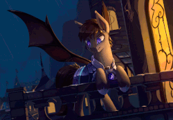 Size: 780x539 | Tagged: safe, artist:rodrigues404, oc, oc only, oc:midnight tales, bat pony, pony, animated, armor, balcony, castle, cinemagraph, commission, fangs, gif, large wings, lightning, looking down, male, night guard, slit pupils, solo, spread wings, stallion, wings