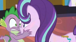 Size: 1666x920 | Tagged: safe, screencap, spike, starlight glimmer, dragon, celestial advice, g4, boop, nose wrinkle, noseboop