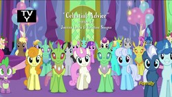 Size: 1920x1080 | Tagged: safe, screencap, amber waves, amethyst star, arista, berry punch, berryshine, bittersweet (g4), bright smile, carrot top, castle (crystal pony), clypeus, coco crusoe, cornicle, daisy, fleur de verre, flower wishes, frenulum (g4), golden harvest, leadwing, linky, lucky clover, night glider, party favor, shoeshine, soupling, sparkler, spike, star bright, twinkleshine, changedling, changeling, crystal pony, dragon, earth pony, pegasus, pony, unicorn, celestial advice, g4, background changeling, background pony, balloon, female, looking at you, male, mare, opening credits, stallion, tv rating, tv-y