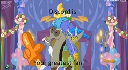 Size: 640x352 | Tagged: safe, screencap, discord, pony, celestial advice, g4, cheering, clothes, discovery family, discovery family logo, foam finger, funny, jersey, logo, pennant