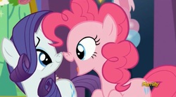 Size: 1661x925 | Tagged: safe, screencap, pinkie pie, rarity, pony, celestial advice, g4, balloon, boop, duo, nose wrinkle, noseboop, open mouth