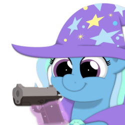 Size: 1080x1080 | Tagged: safe, artist:ljdamz1119, trixie, pony, unicorn, g4, female, gun, handgun, magic, pistol, smiling, solo, weapon