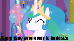 Size: 980x550 | Tagged: safe, edit, screencap, princess celestia, alicorn, pony, celestial advice, g4, balloon, bust, caption, female, lidded eyes, looking at you, mare, one eye closed, smiling, solo, text, there is no wrong way to fantasize, wink