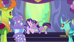 Size: 1920x1080 | Tagged: safe, screencap, cornicle, starlight glimmer, thorax, trixie, twilight sparkle, alicorn, changedling, changeling, pony, celestial advice, g4, equestrian pink heart of courage, hug, king thorax, twilight sparkle (alicorn), twilight's castle