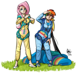 Size: 750x717 | Tagged: safe, artist:theartrix, fluttershy, rainbow dash, human, g4, clothes, commission, duo, humanized, jumpsuit, parachute, simple background, skydiving, transparent background