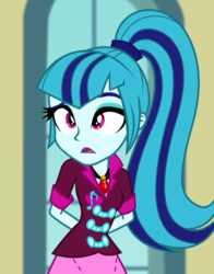 Size: 470x600 | Tagged: safe, screencap, sonata dusk, equestria girls, g4, my little pony equestria girls: rainbow rocks, clothes, confused, cropped, female, hands behind back, jewelry, open mouth, pendant, ponytail, skirt, solo, talking