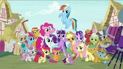 Size: 1920x1080 | Tagged: safe, screencap, apple bloom, applejack, big macintosh, carrot cake, cup cake, fluttershy, granny smith, mayor mare, pinkie pie, rainbow dash, rarity, scootaloo, snails, snips, spike, starlight glimmer, sweetie belle, twilight sparkle, alicorn, dragon, pony, unicorn, celestial advice, g4, camera, colt, cutie mark crusaders, male, mane six, opening, opening credits, twilight sparkle (alicorn)