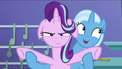 Size: 1920x1080 | Tagged: safe, screencap, starlight glimmer, trixie, pony, unicorn, all bottled up, g4, annoyed, cute, diatrixes, duo, female, floppy ears, mare, open mouth, smiling, trixie's puppeteering, unamused
