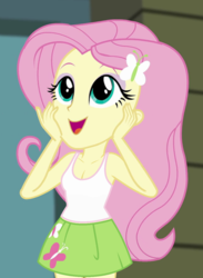 Size: 490x670 | Tagged: safe, edit, edited screencap, editor:ah96, screencap, fluttershy, equestria girls, g4, my little pony equestria girls: rainbow rocks, shake your tail, breast edit, breasts, busty fluttershy, cleavage, clothes, cropped, cute, female, miniskirt, skirt, sleeveless, solo, tank top