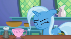 Size: 1645x916 | Tagged: safe, screencap, trixie, pony, unicorn, all bottled up, g4, cup, eyes closed, female, floppy ears, food, mare, pepper, solo, teacup, that pony sure does love teacups