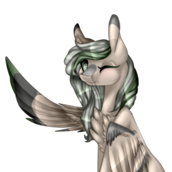 Size: 1024x1024 | Tagged: safe, artist:symphstudio, oc, oc only, oc:forest glow, pegasus, pony, art trade, chest fluff, female, looking at you, mare, one eye closed, simple background, smiling, solo, spread wings, transparent background, wings, wink