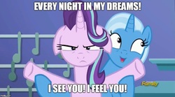 Size: 901x500 | Tagged: safe, edit, edited screencap, screencap, starlight glimmer, trixie, pony, unicorn, all bottled up, annoyed, celine dion, cute, diatrixes, female, floppy ears, image macro, lesbian, mare, meme, my heart will go on, shipping, song reference, startrix, titanic, trixie's puppeteering, unamused