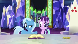 Size: 1920x1080 | Tagged: safe, screencap, starlight glimmer, trixie, pony, unicorn, all bottled up, g4, book, cutie map, friendship throne, twilight's castle