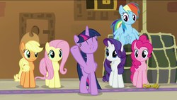 Size: 1920x1080 | Tagged: safe, screencap, applejack, fluttershy, pinkie pie, rainbow dash, rarity, twilight sparkle, alicorn, pony, all bottled up, g4, escape room, female, mane six, manehattan escapes, twilight sparkle (alicorn)