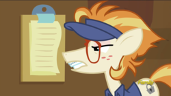Size: 1920x1080 | Tagged: safe, screencap, dave the intern, ginger locks, pony, all bottled up, g4, clipboard, escape room, manehattan escapes, solo