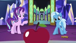 Size: 1920x1080 | Tagged: safe, screencap, starlight glimmer, trixie, pony, all bottled up, g4, apple, cutie map, food, twilight's castle